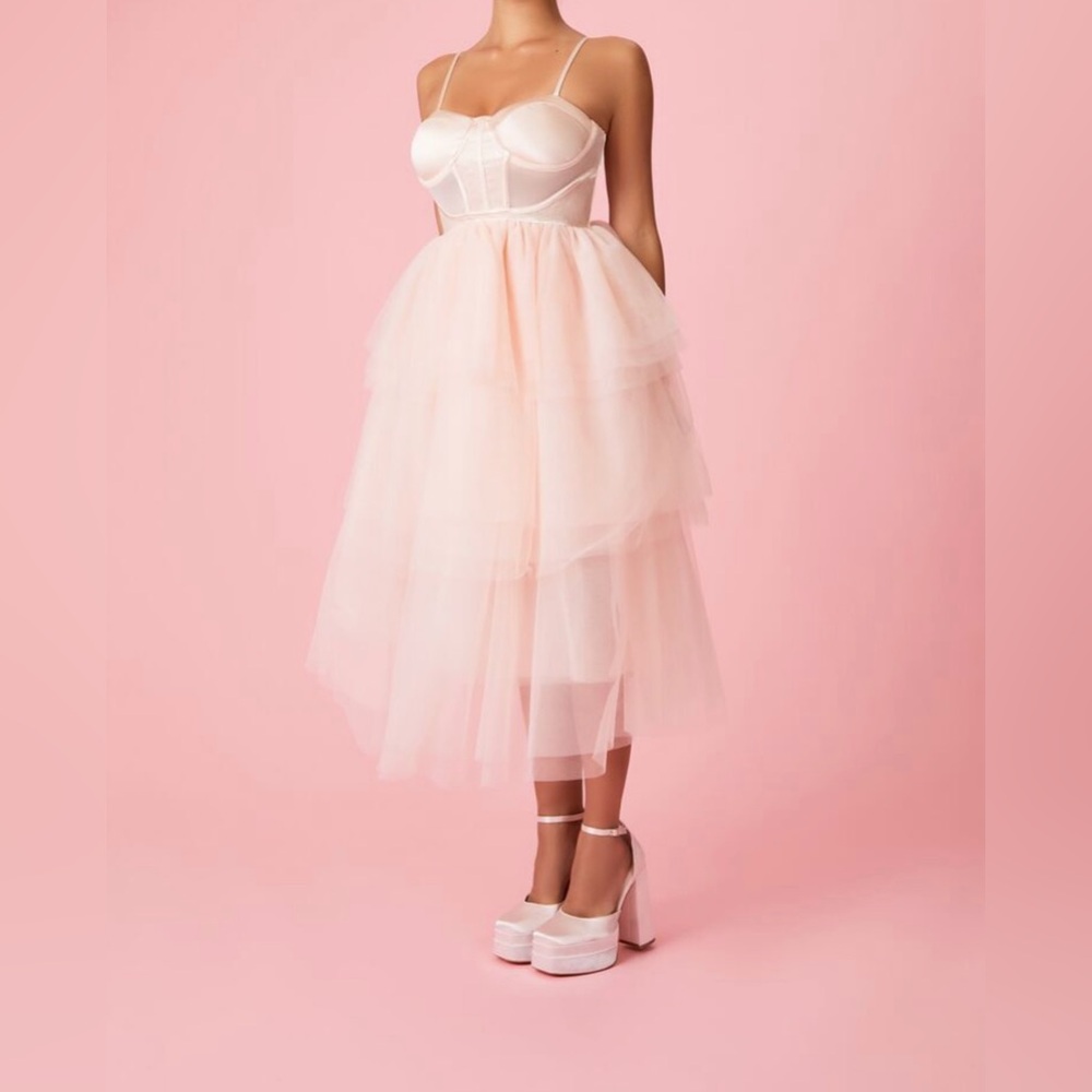 Satin Tiered Midi Dress $65